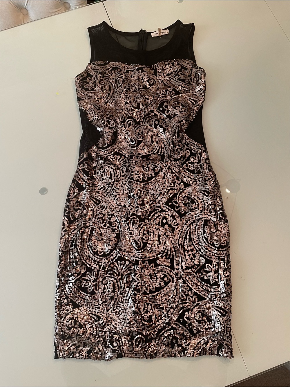 Sleeveless Black Midi Dress with Rose Gold Sequin Embroidery